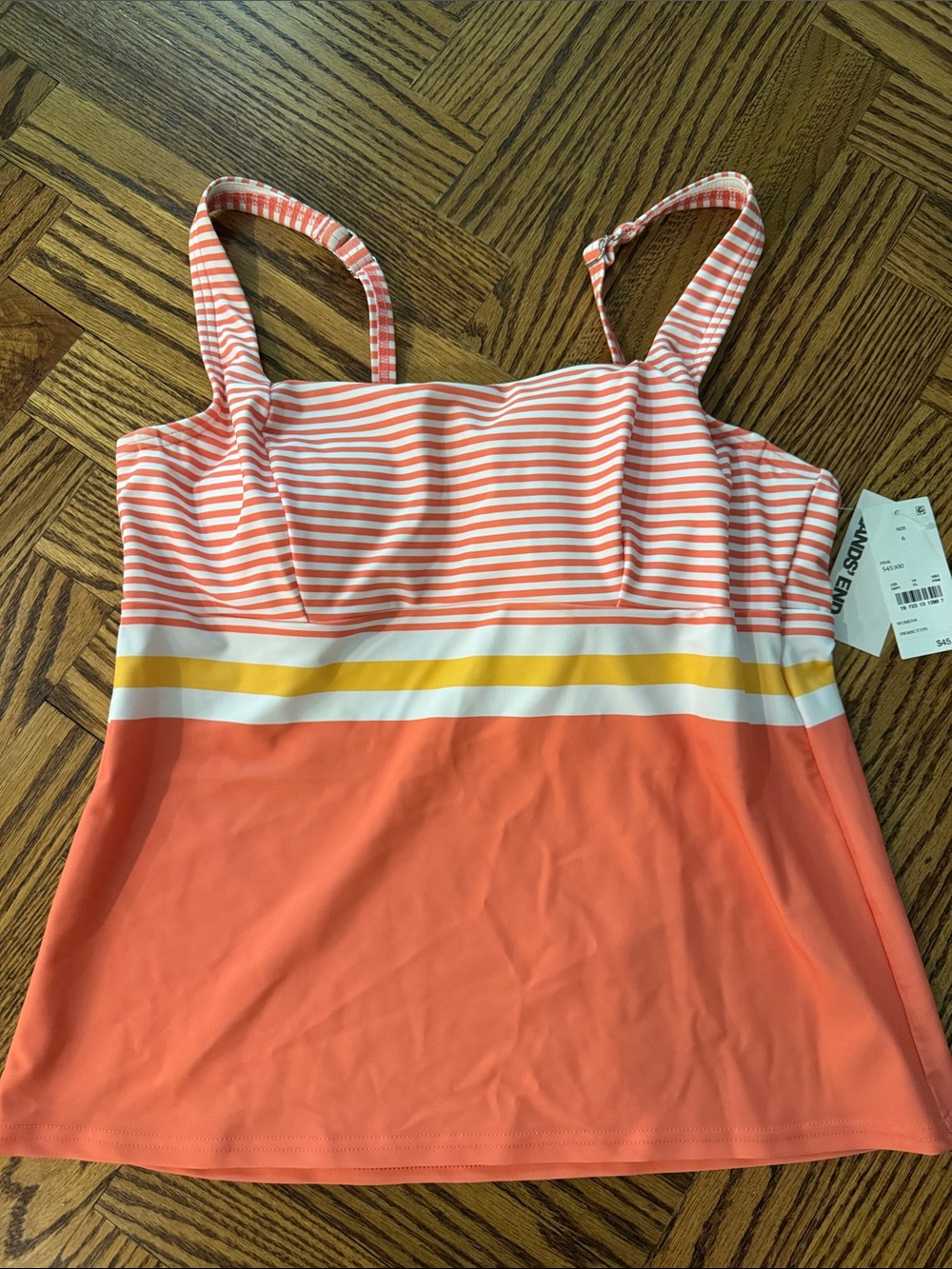 Lands' End Coral, Yellow and White Striped Tankini Top